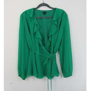 Ann Taylor Large Green True Wrap Top Long Sleeves Ruffles Business Casual